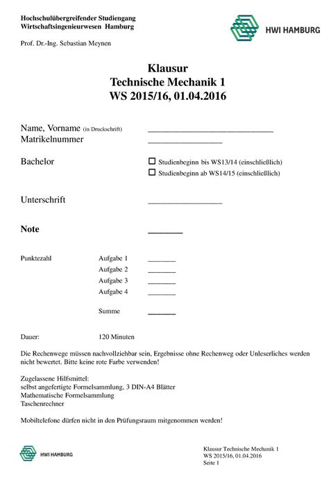 Altklausur Tm Wise Mit Loesung Klausur Technische Mechanik