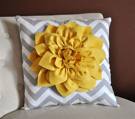 Mellow Yellow Dahlia On Gray And White Zigzag Pillow Chevron Pillow 16x16 Chevron Pillows