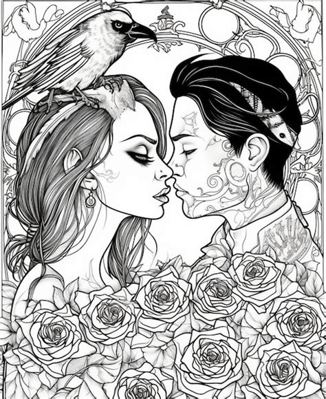 Une Page De Coloriage En Noir Et Blanc D Un Couple Qui S Embrasse