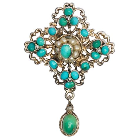 Antique Victorian Pearl Star Turquoise Enamel Gold Brooch For Sale At 1stdibs