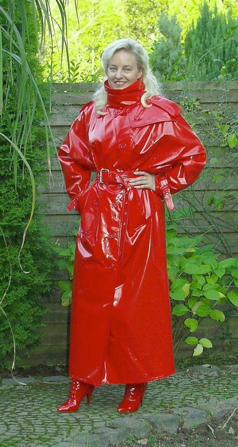 Long Shiny Red Pvc Trenchcoat Rimo Pvc Outfits Kinky Clothes Red Raincoat