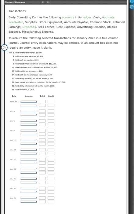 Solved Transactions Birdy Consulting Co Has The Following Chegg