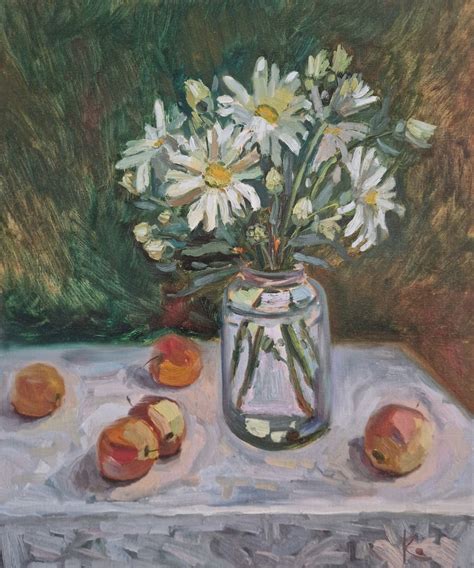 Still Life With Daisies And Apples Summer Mood Oil Painting By Olena