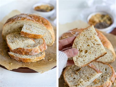 No Knead 4 Seed Dutch Oven Bread Nourish And Fete