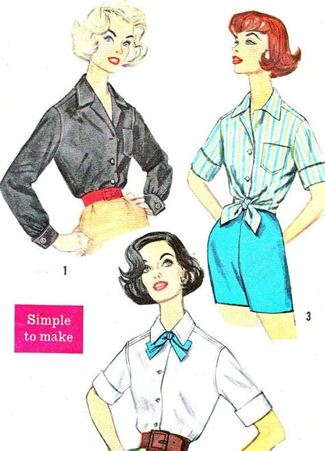 1950s Womens Blouse Pattern Simplicity 3260 Front Button Tie Etsy