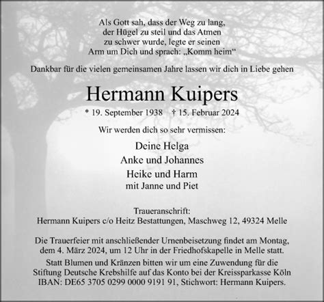 Traueranzeigen Von Hermann Kuipers Noz Trauerportal