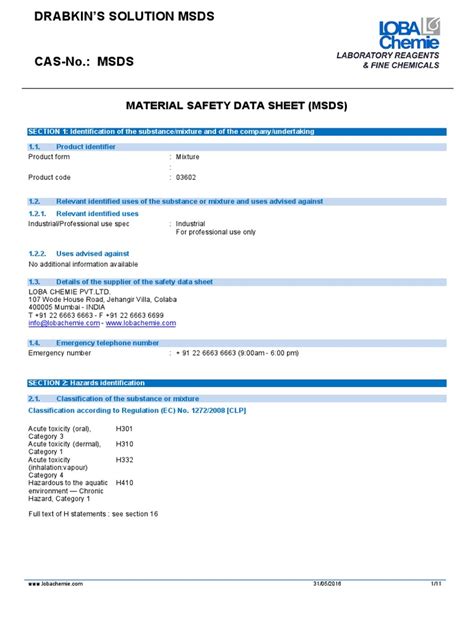 Msds Drabkin Pdf Toxicity Dangerous Goods