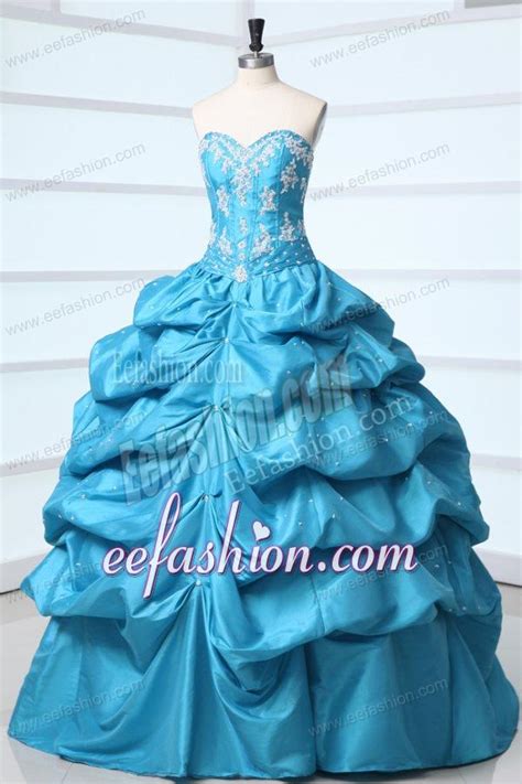 Teal Sweetheart Taffeta Quinceanera Dress With Appliques And Pick Ups