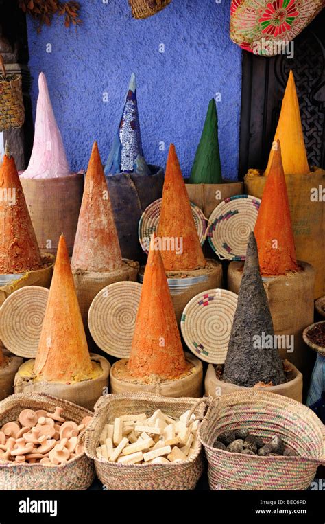 Morocco Chefchaouen Display Of Spices At A Spice Shop Stock Photo Alamy