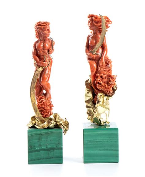 Carlo Parlati Coppia Di Sculture In Corallo Oro 18k E Malachite