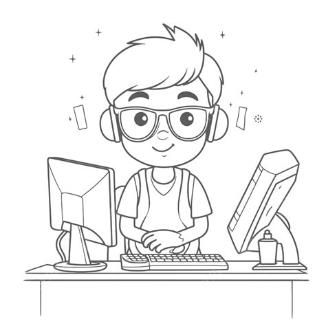 Coloring Page Of A Boy Using A Computer With Headphones Outline Sketch ...