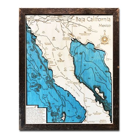 Baja California Peninsula Single Depth Nautical Wood Chart 11 X 14