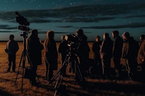 Un Grupo De Personas Se Para Frente A Un Cielo Nocturno Y Un Telescopio