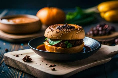 Un Hamburguesa Con Salsa Y Vegetales En Un De Madera Corte Tablero