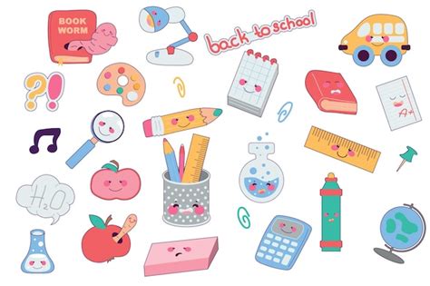 Premium Vector | Back to school set in cartoon design Bundle of cute faces characters at book ...