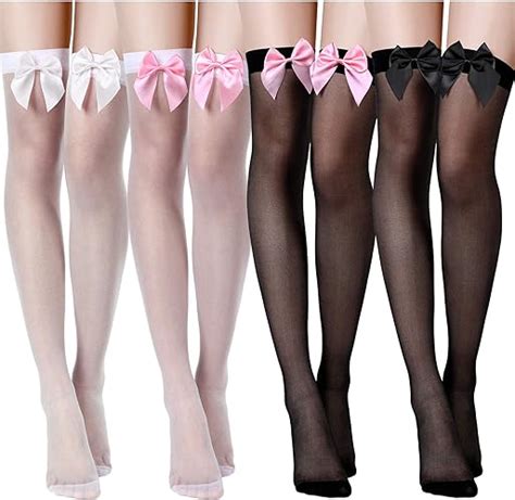 Satinior 4 Pairs Womens Bow Lace Thigh High Stockings Over