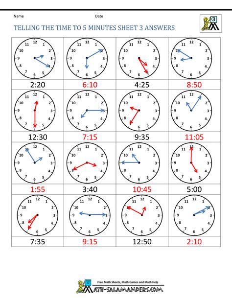 Telling Time Clock Worksheets To 5 Minutes