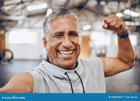 Muscle Exercise And Selfie Portrait Of Old Man In Gym Show Biceps For Motivation Wellness And