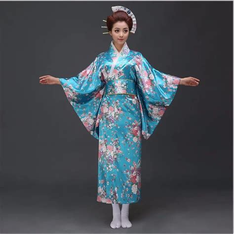 Sale Blue Japanese Satin Yukata With Obi Sexy Women S New Fashion