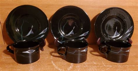 Mikasa Galleria OPUS BLACK Flat Cups Saucers 3 Sets FK701 Calla