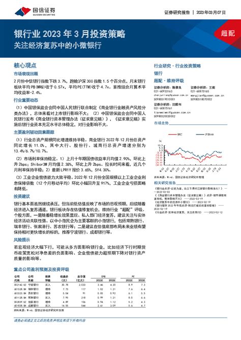 银行业2023年3月投资策略：关注经济复苏中的小微银行