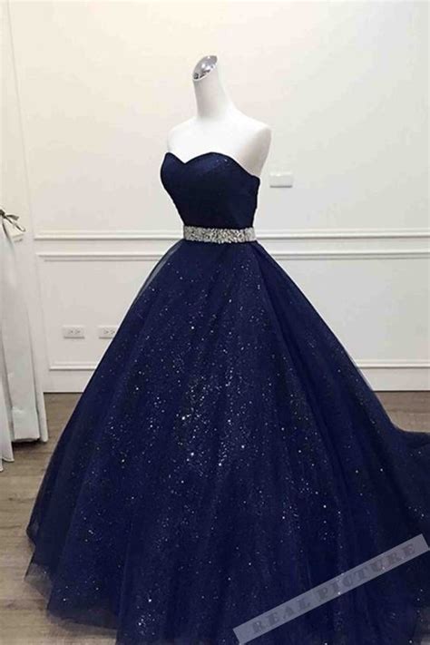 Dark Blue Tulle Sweetheart Sequins Floor Length Ball Gown Dress 41202