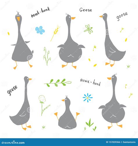 Goose Doodles Set Cute Geese Sketch Hand Drawn Cartoon Vector Illustration On White Background