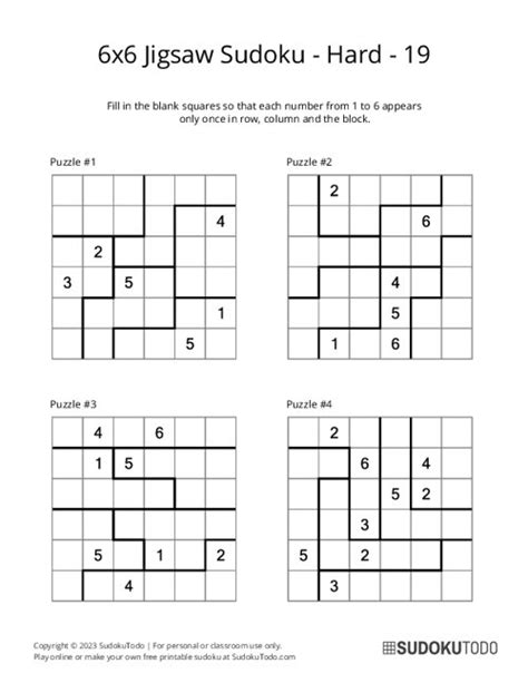 6x6 Hard Jigsaw Sudoku Printable Puzzles