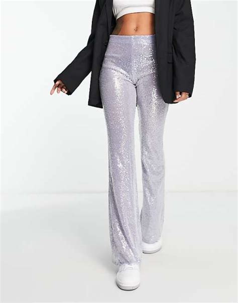 Mango Sequin Flare Trousers In Silver Asos