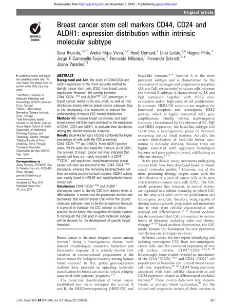 Pdf Breast Cancer Stem Cell Markers Cd44 Cd24 And Aldh1 Expression