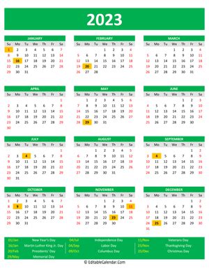 2023 Printable Calendar with Holidays (Portrait Orientation)