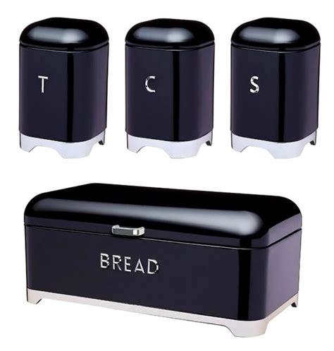 Breadbin Retro Design With 3 Piece Matching Canister Set Black Golden