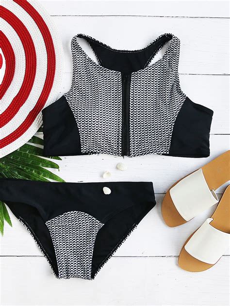 Black And White Printed Zipper Up Racer Back Bikini Set SheIn