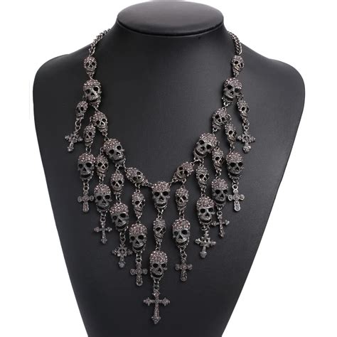 Skull Heads Necklace Metal Chain Crystal Skeleton Necklace Fashion