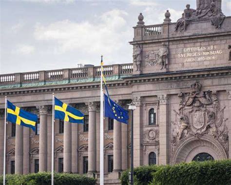 Sweden The Flags Of Sweden And Europe In Front Of The Riksdag Two