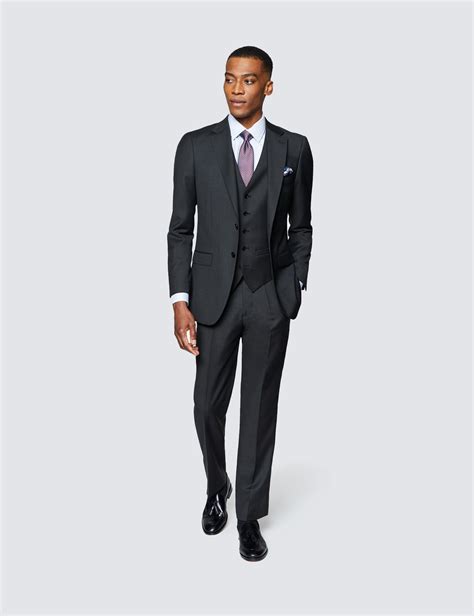 Mens Dark Charcoal Twill 3 Piece Slim Fit Suit Hawes And Curtis