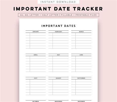 Important Dates Printable