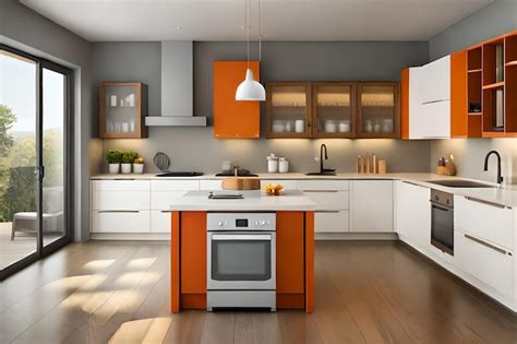 Premium AI Image A Kitchen With Orange Cabinets And A White Stove