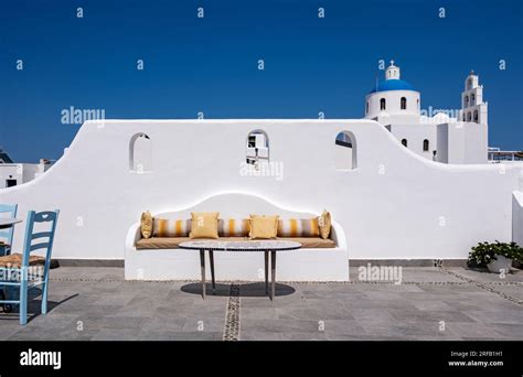 Terrace With Blue Domed Church Of Panagia Platsani In Background Ia