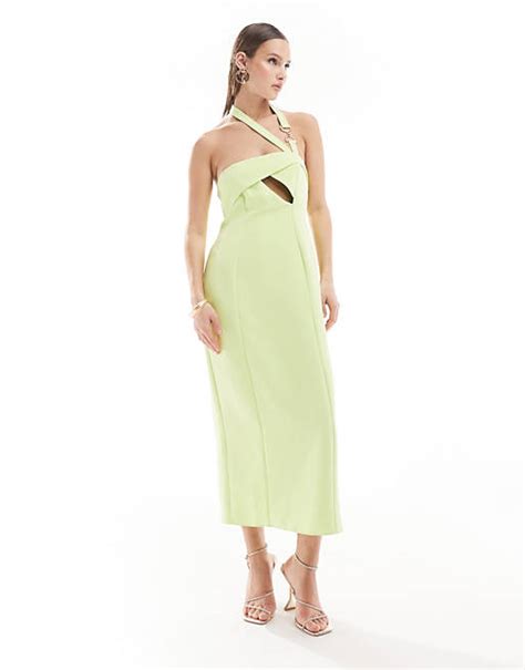 Asos Design Asymmetric Cut Out Midi Dress With Hardware Detail In Lime