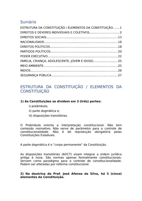 Resumo De Direito Constitucional ESTRUTURA DA ELEMENTOS DA DIREITOS E