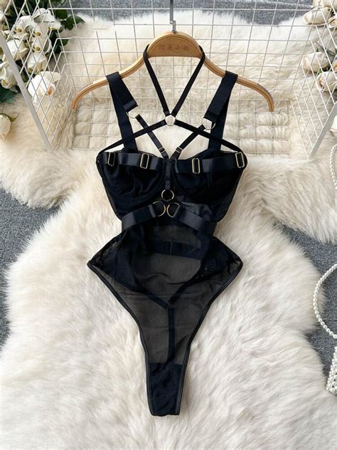 Womens Hollow Combination Bodysuit Slim Fit Erotic Mesh Lace Jumpsuit