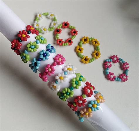 Beaded Flower Rings Handmade Customisable Etsy