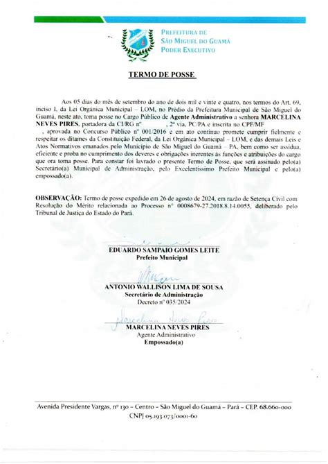 termo de posse  prefeitura municipal de sao miguel  guama