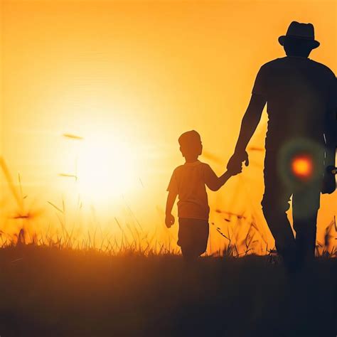 Premium Photo A Father And Son Holding Hands In A Field At Sunset