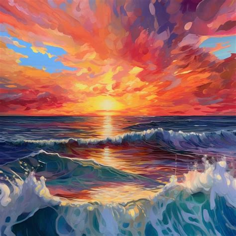 Premium AI Image | Painting of a sunset over the ocean with waves ...