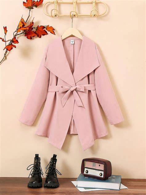 Shein Tween Girl Waterfall Collar Asymmetrical Hem Belted Trench Coat