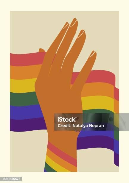 Rainbow Colored Raised Hand Illustration Poster Lgbt Concept Stock