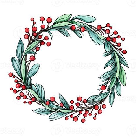 Festive Red And Green Christmas Wreath Cute Watercolor Illustration Of Holly And Berries