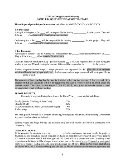 Project Budget Justification Narrative Sample At Doc Template Pdffiller